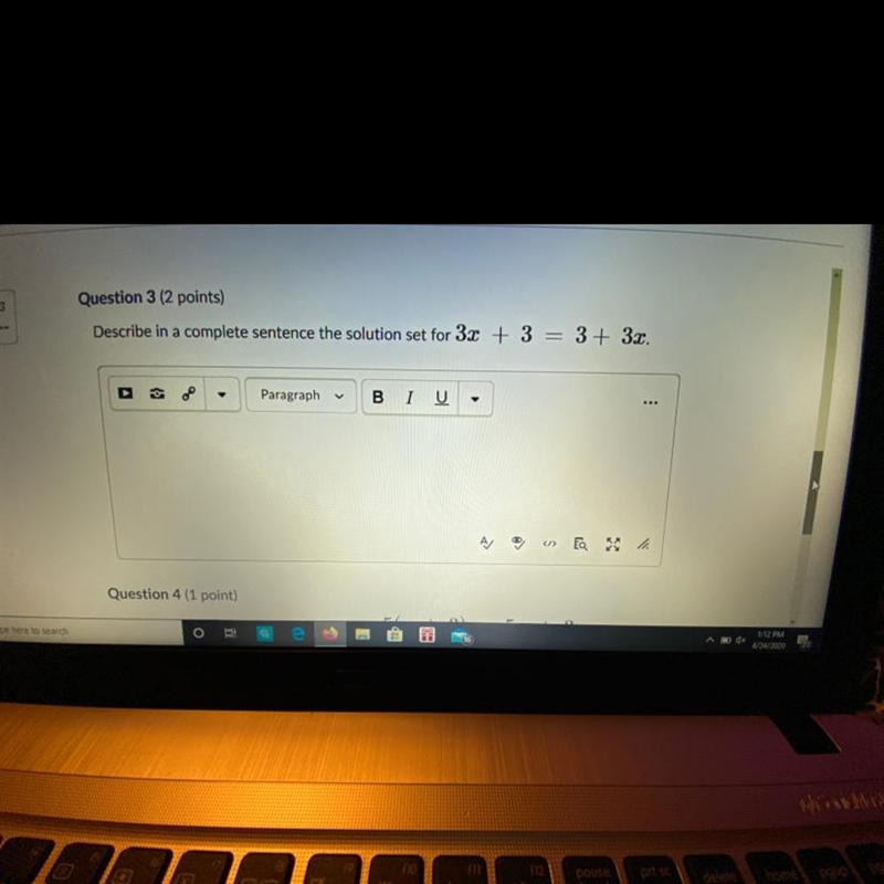 Describe in a complete sentence the solution set for 3x + 3 = 3 + 3x-example-1