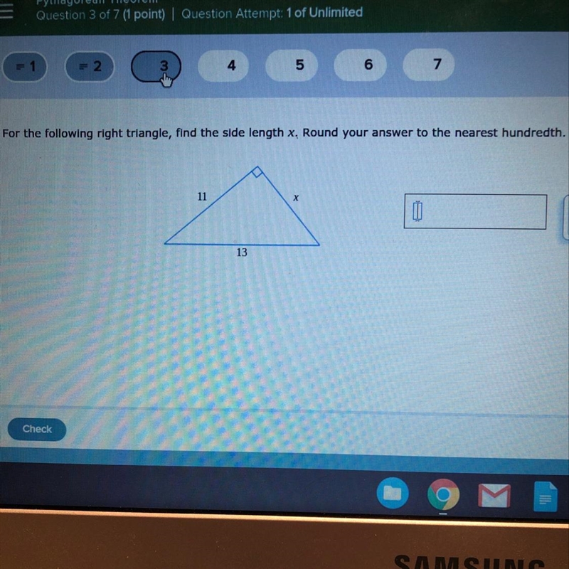 For the following right triangle, find the side length x, round your answer to the-example-1