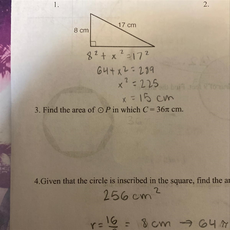 #3. Find the area of circle P in which c= 36 pi cm (please show work)-example-1