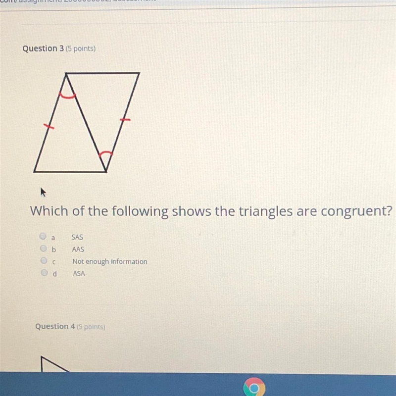 Question 3 15 points) Which of the following shows the triangles are congruent? a-example-1