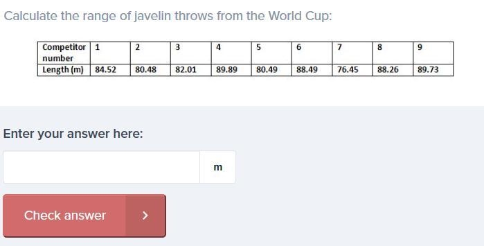 Calculate the range of javelin throws from the World Cup:-example-1