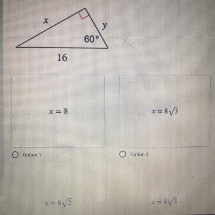 What is the value of x ? Special right triangle-example-1