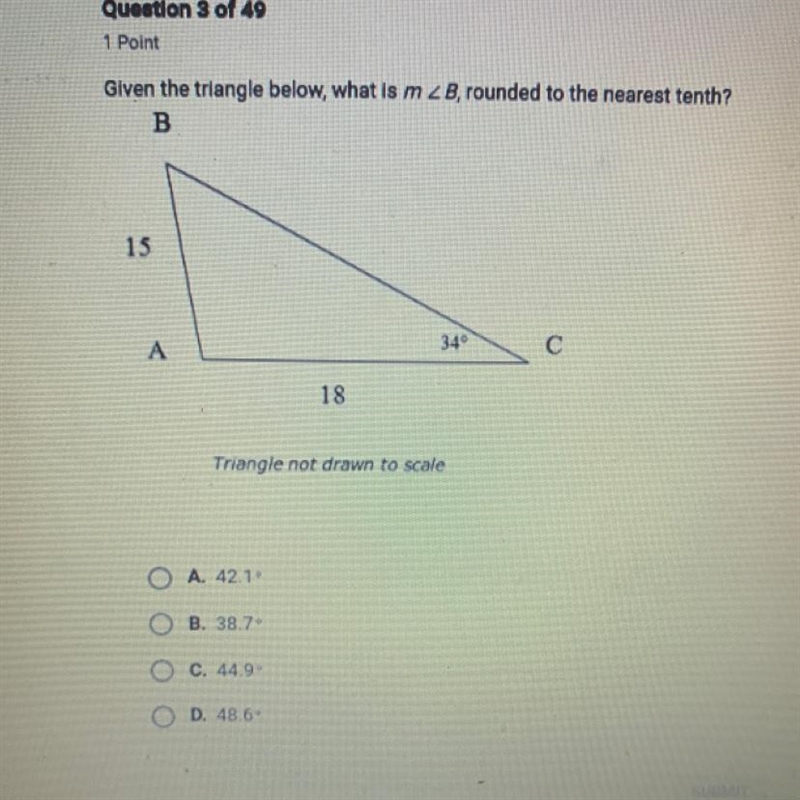 Given the triangle below, what is m < b, rounded to the nearest tenth?-example-1