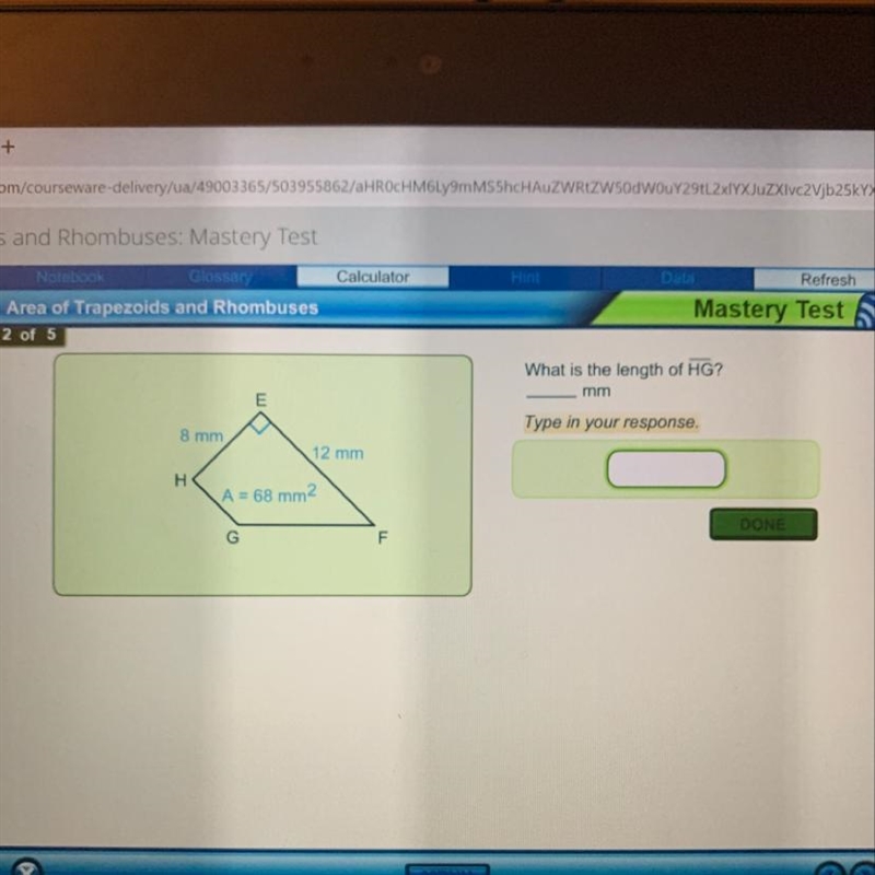 What is the length of HG? mm E Type in your response. 8 mm 12 mm H A = 68 mm2 DONE-example-1