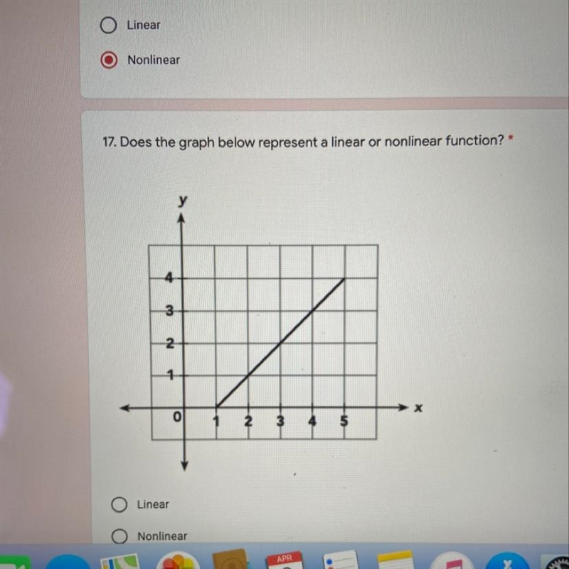 17. Does this graph below represent a linear or nonlinear function? ^^-example-1