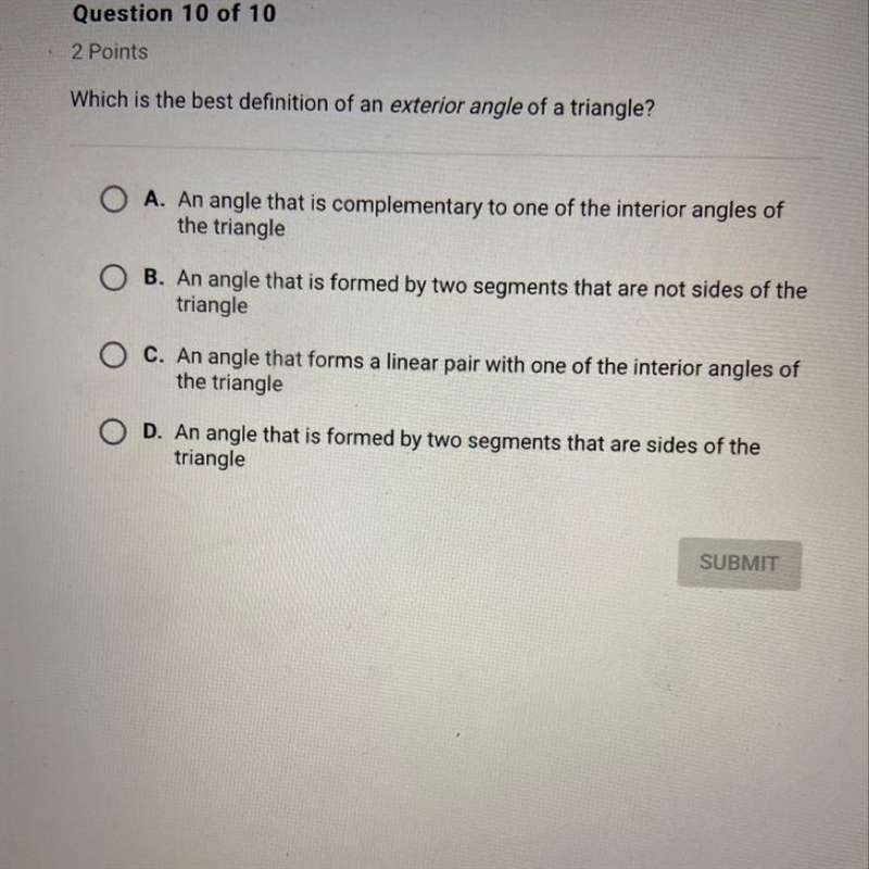 What is the best definition of an exterior angle ?-example-1