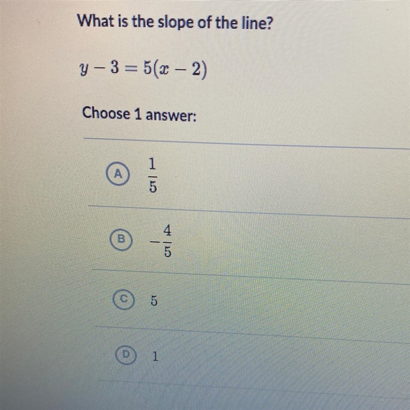 What is the slope of the line? y - 3 = 5(x - 2) Choose 1 answer:-example-1