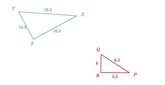 Triangle XYZ is similar to triangle PQR. Solve for k.-example-1