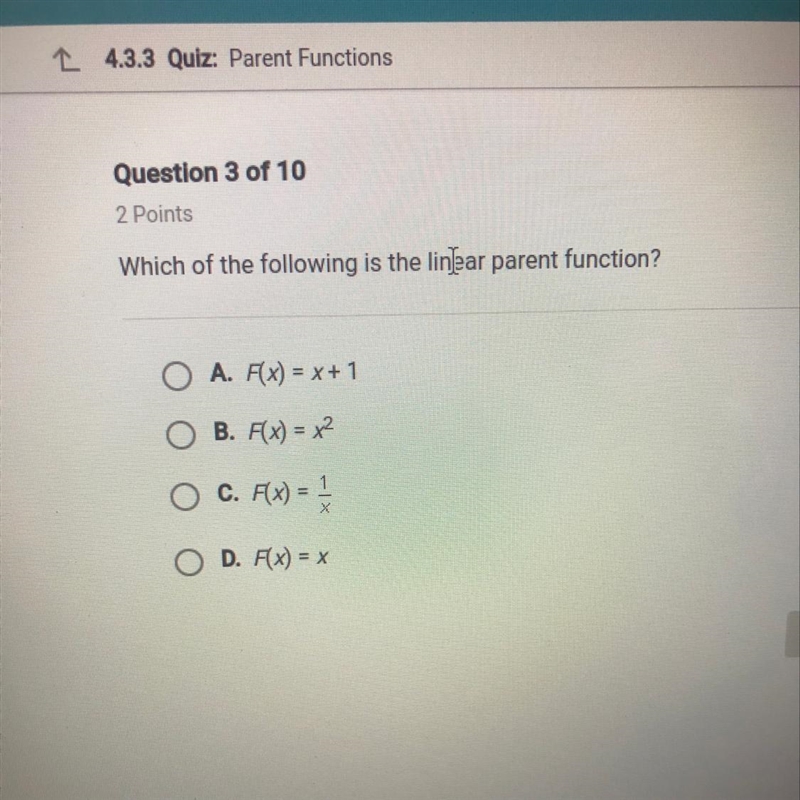 Which of the following is the linear parent function?-example-1