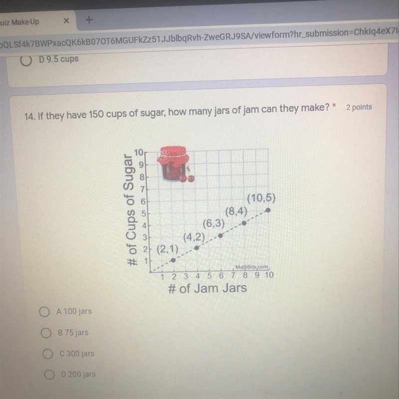 If they have 150 cups of sugar, how many jars of jam can they make? A 100 jars B 75 jars-example-1