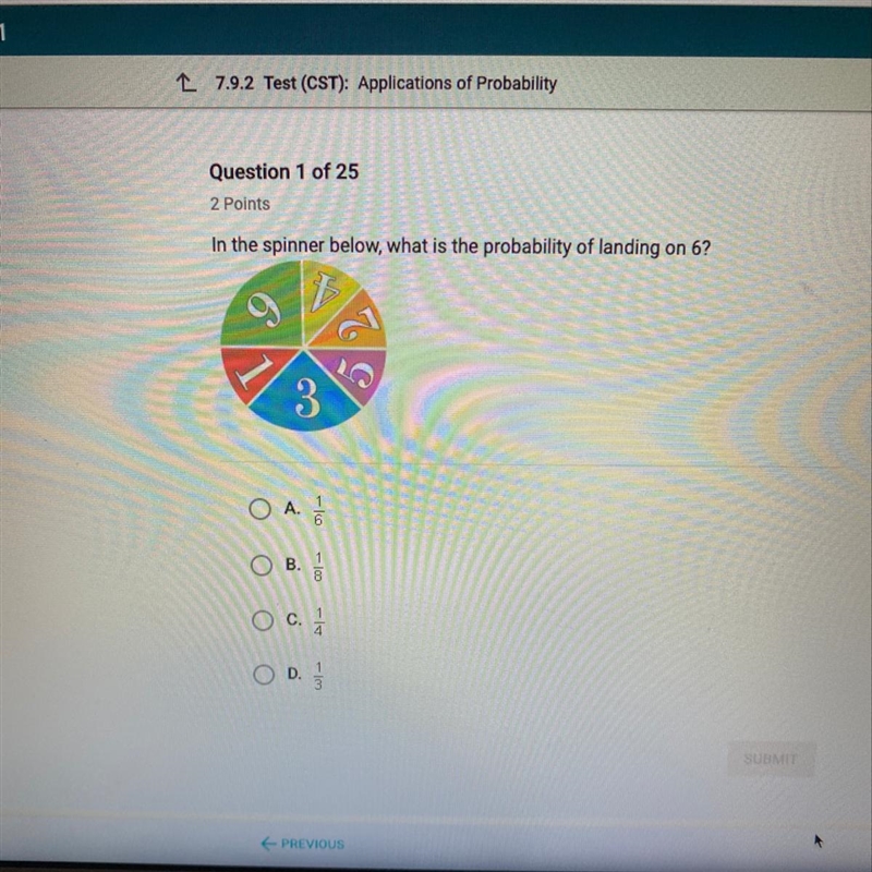 In the spinner below, what is the probability of landing on 6?-example-1