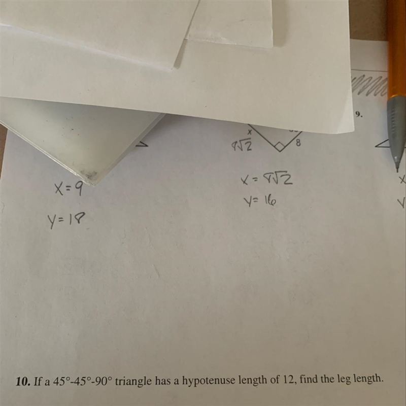 If a 45 degree 45 degree 90 degree triangle has a hypotenuse length of 12 find the-example-1