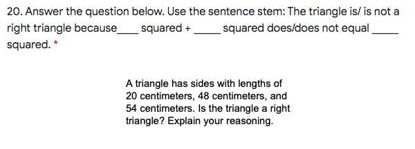 Use the sentence stem: The triangle is/ is not a right triangle because____ squared-example-1