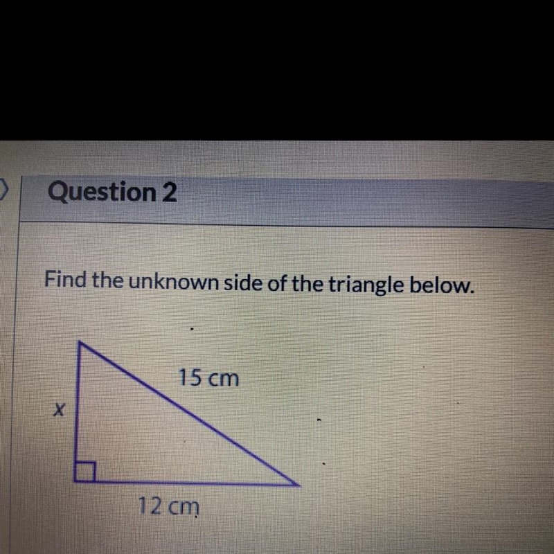 Find the unknown side of the triangle below A. 4cm B. 3cm C. 9cm D. 19cm-example-1