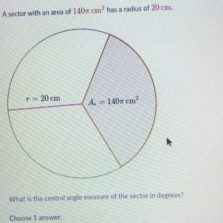 A sector with an area of 140 pie cm^2 has a radius of 20 cm. r = 20 cm A = 140 pie-example-1