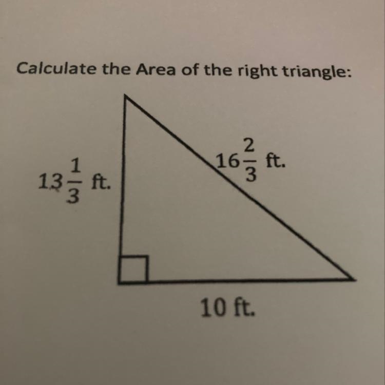 2 . Calculate the Area of the right triangle: 16 ft. WN 13t. A 3 t. A 10 ft.-example-1