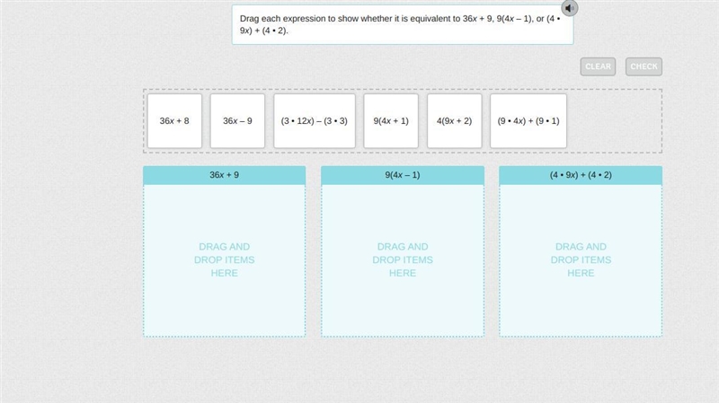 Drag each expression to show whether it is equivalent to 36 + 9, 9(4 – 1), or (4 • 9) + (4 • 2). Drag-example-1