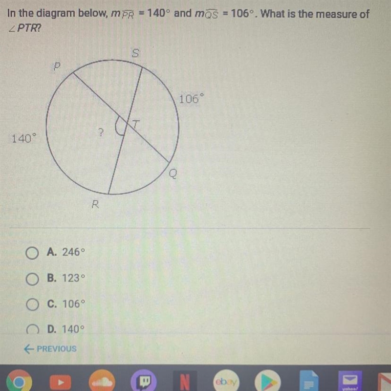 In the diagram below, mpr = 140 and mqs = 106. What is the measure of ptr?-example-1