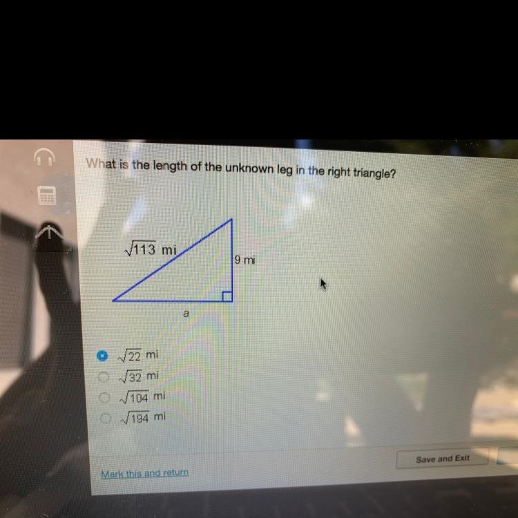 What is the length of the unknown leg in the right triangle? 22 32 104 194-example-1