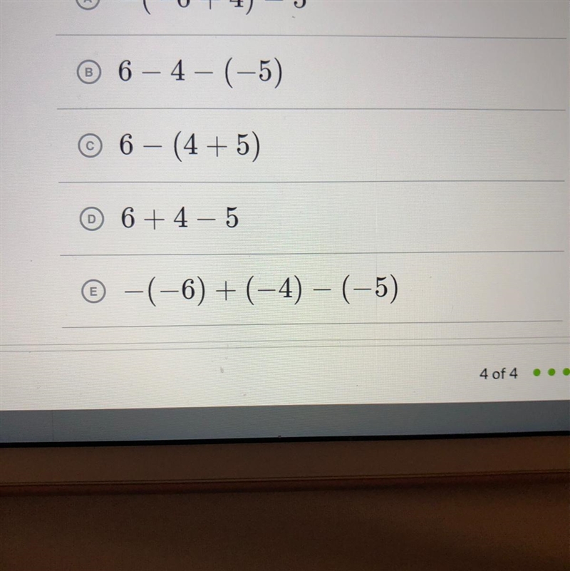 Which of the following expressions are equivalent to 6+(-4)-5? (2 answers)-example-1