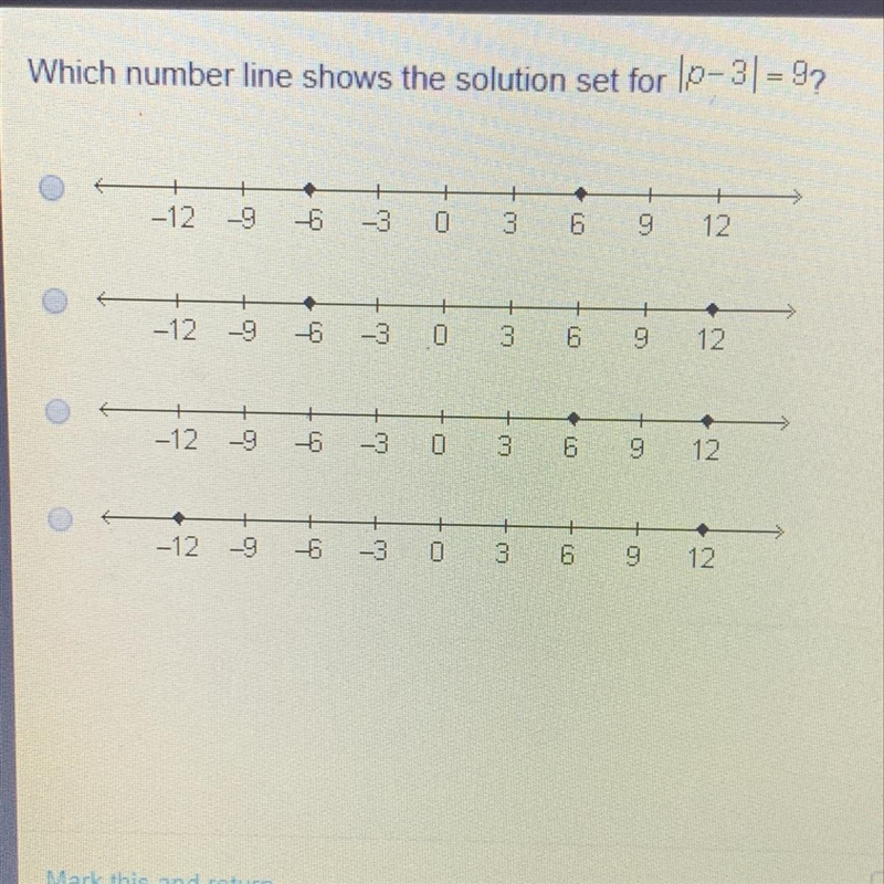 Which number line shows the solution set for |p-3| 9? Please answer correctly my grade-example-1