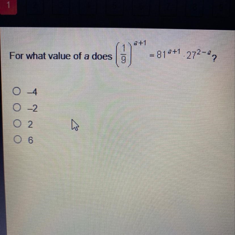 For what value of a does (1/9)a+1 =81a+1 272-a?-example-1