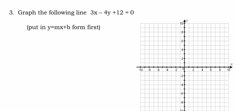 3. Graph the following line 3x – 4y +12 = 0 (put in y=mx+b form first) PLS HELP ME-example-1