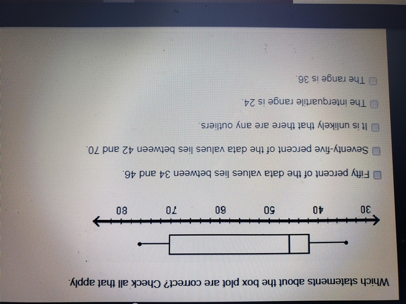 Which statements about the box plot are correct? check all that apply.-example-1