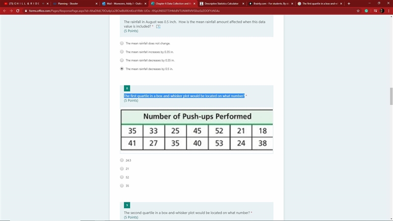 The first quartile in a box-and-whisker plot would be located on what number?-example-1