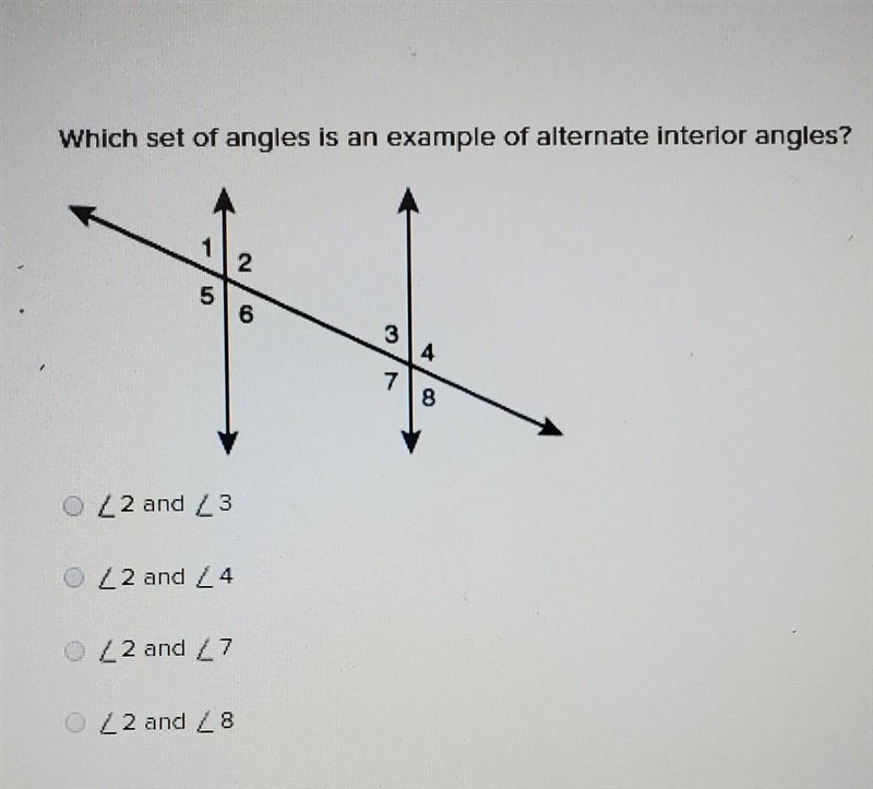 Which set of angles is an example of alternate interior angles? ​-example-1