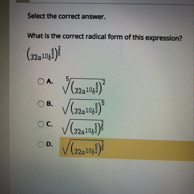 What is the correct radical form of this expression?-example-1