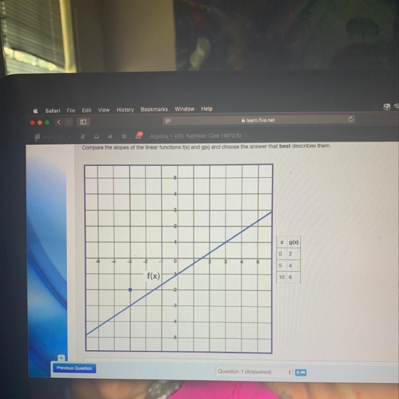 A the slope of f(x) is greater than the slope of g(x) B the slope of f(x) is less-example-1