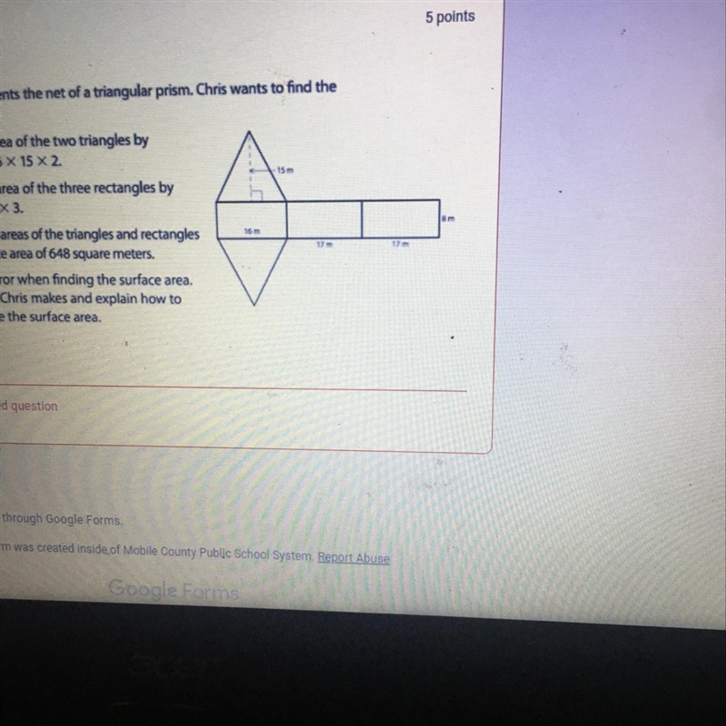 The diagram represents the net of a triangular prism. Chris wants to find thesurface-example-1