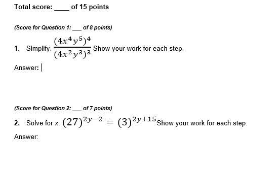 1. Simplify. ((4x^4 y^5 )^4)/((4x^2 y^3 )^3 ) Show your work for each step. Answer-example-1