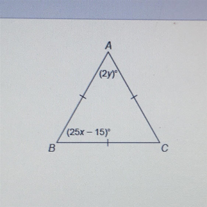 Solve for x. enter your answer in the box. A = (2y), B = (25x - 15), and C is unknown-example-1