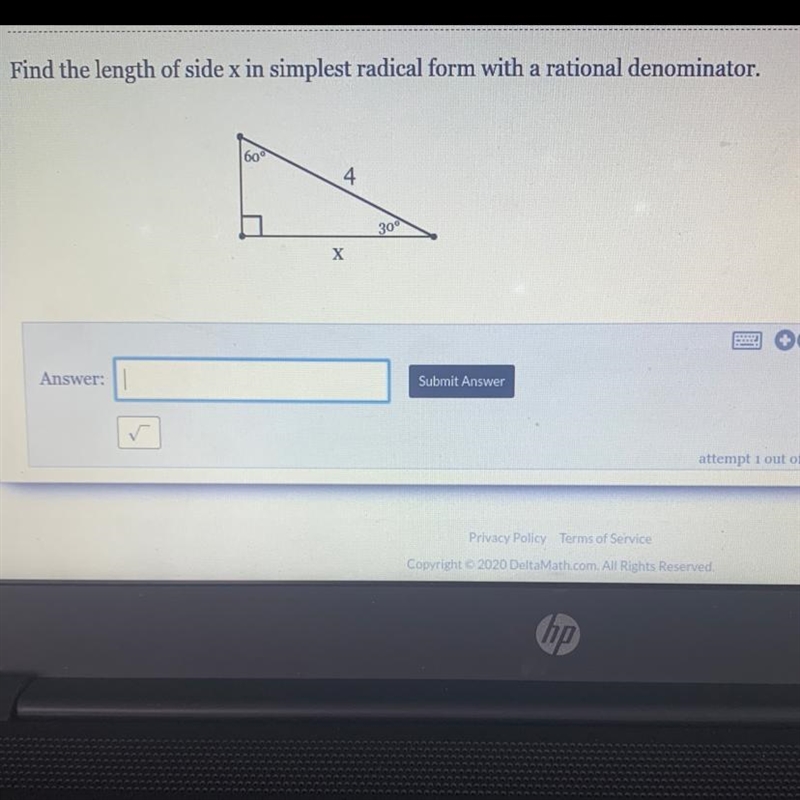 30 points! Find the length of side x in simplest radical form with a rational denominator-example-1