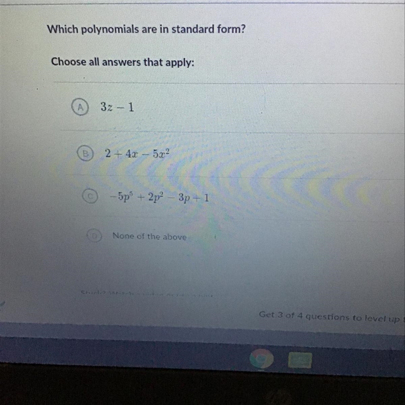 Which polynomials are in standard form?-example-1