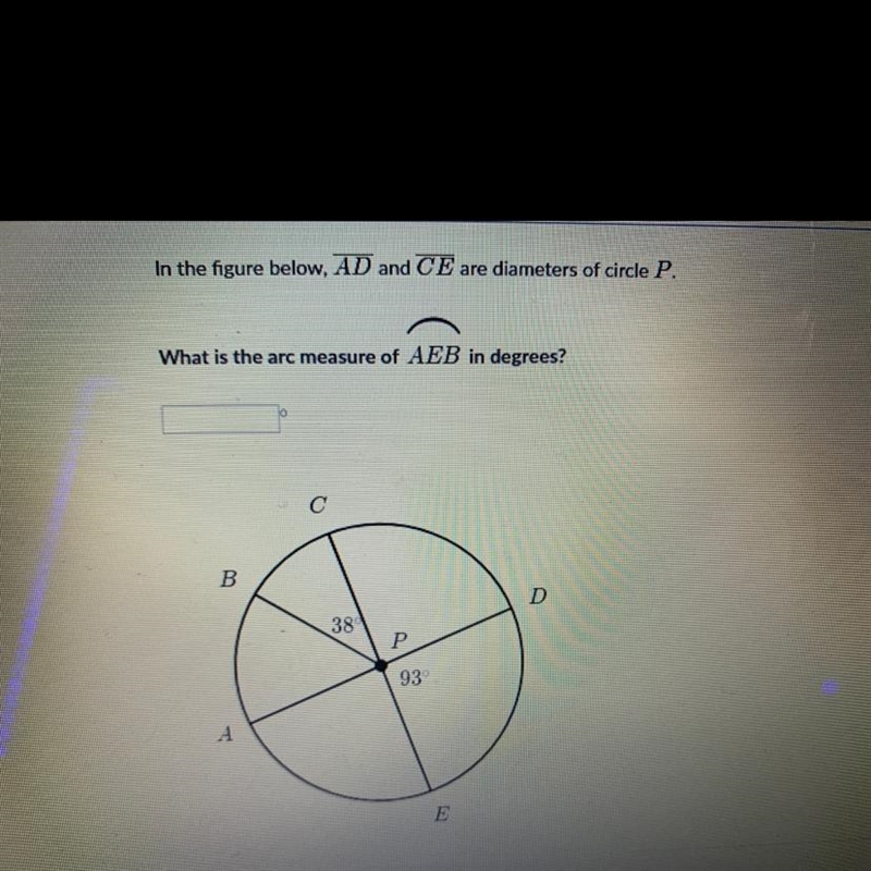 What is the arc measure of AEB in degrees-example-1