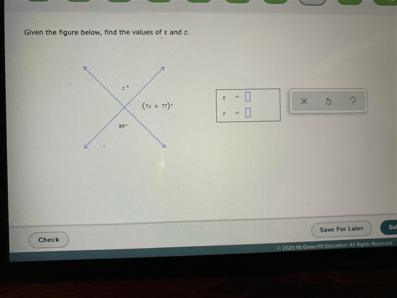 Given the figure below, find the values of x and z.-example-1