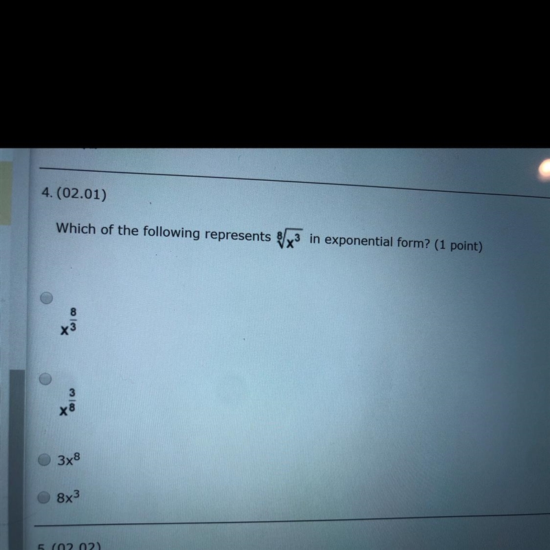 Which of the following represents 8 square root x^3 in exponential form-example-1