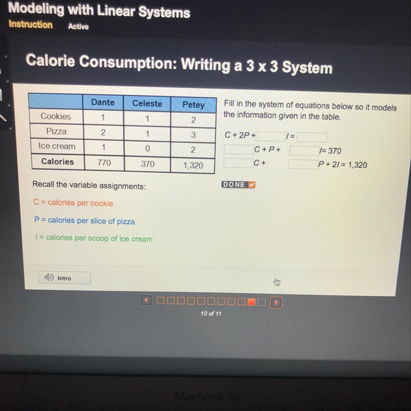 Fill in the system of equations below so it models the information given in the table-example-1