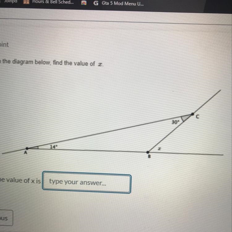 Find the value of x given the diagram below I need help for this math test that I-example-1