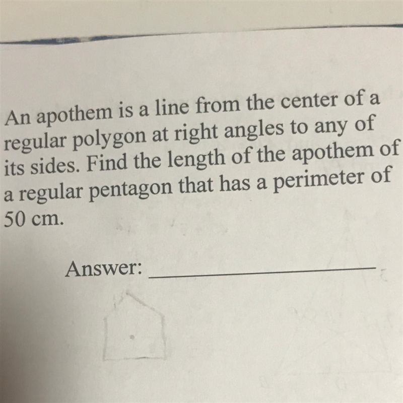 Find the length of the apothem of a regular polygon that has a perimeter of 50 cm-example-1