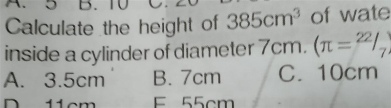 Calculate the height of 385cm of water inside a cylinder of diameter 7cm. ​-example-1