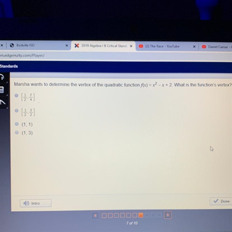 Marshall wants to determine the vertex of the quadratic function f(x)=x2-x+2. What-example-1