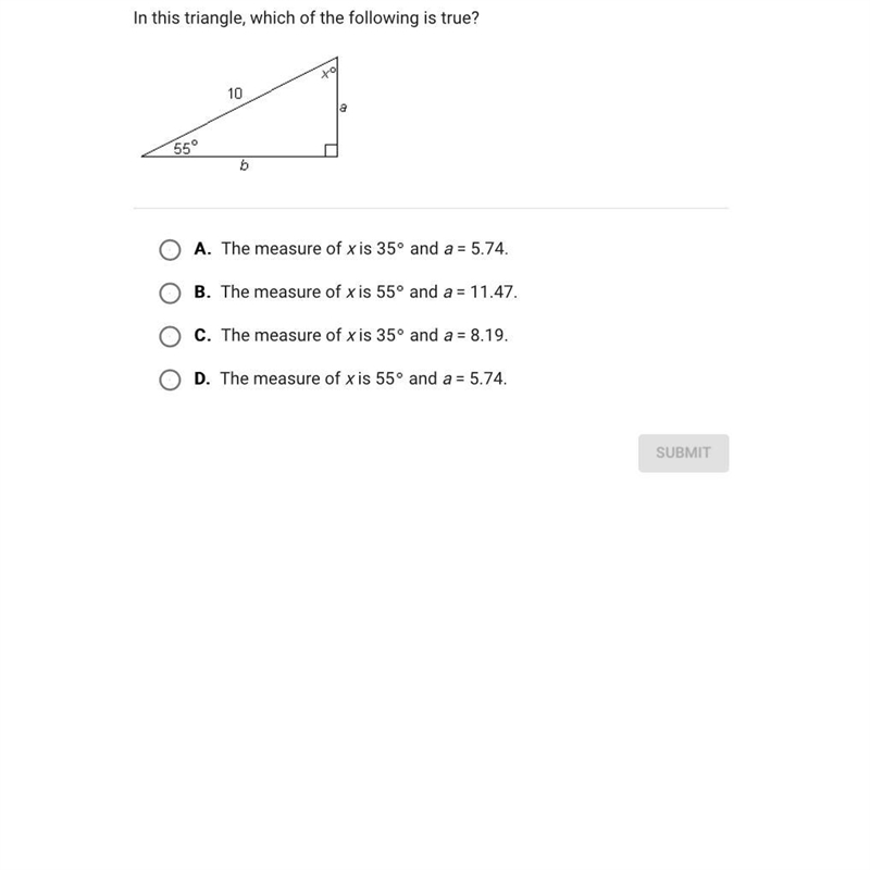 In this triangle which of the following is true? Options and triangle are in the image-example-1