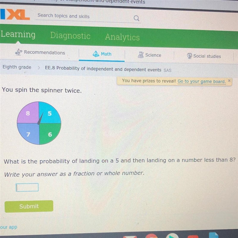 You spin the spinner twice. What is the probability of landing on a 5 and then landing-example-1