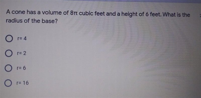 A cone has a volume of 81 cubic feet and a height of 6 feet. What is the radius of-example-1