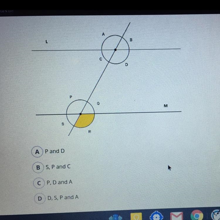 Line M is parallel to line L. Name the angles which are congruent to angle R in the-example-1