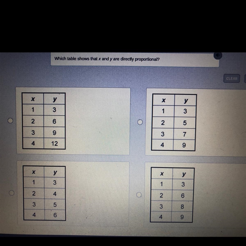 Which table shows that x and y are directly proportional?-example-1